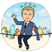 a cartoon of a man surrounded by birds with the letters b.u.e.k. on the top