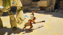 a video game shows a man holding a spear in front of a statue