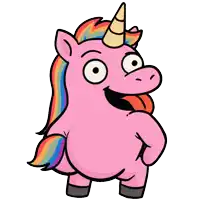 a pink cartoon unicorn with a rainbow mane and horn