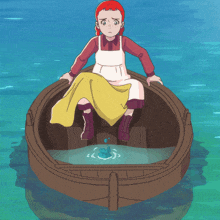 a girl with red hair is sitting in a small boat in the water