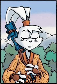 a cartoon of a rabbit holding a sword and a sword holder