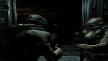 two soldiers are holding guns in a dark room and one of them has a helmet with the letter i on it