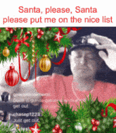 a man in a baseball cap is surrounded by christmas decorations