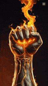 a fist with flames coming out of it and the letter m on the bottom