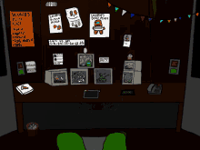 a drawing of a room with a sign that says snuff 's pizza place