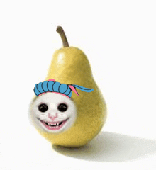 a pear with a cat face and a blue headband on it