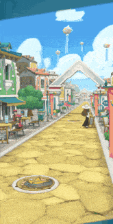 a cartoon drawing of a street with a sign that says " cafe "
