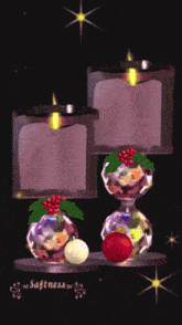 a painting of candles and christmas decorations with the word softness at the bottom