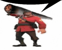 a soldier from team fortress 2 is holding a large stick on his back .