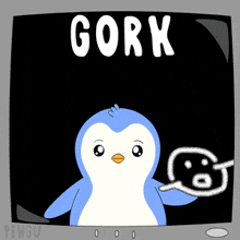 a cartoon of a penguin pointing at something with the word cork above it