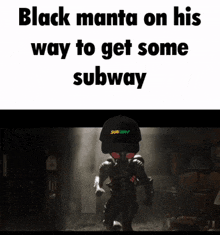 a black manta on his way to get some subway with a subway hat