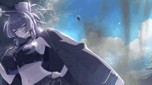 a purple haired anime girl with a sword in her hair stands in front of a cloudy sky