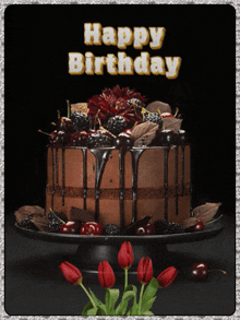 a happy birthday card with a chocolate cake on a stand