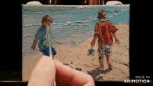 a painting of two boys on a beach is made in animatica