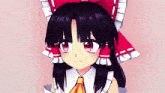 a girl with purple hair and red eyes is wearing a red and white costume