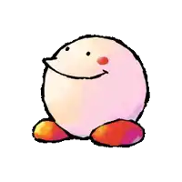 a cartoon drawing of kirby with a smiling face and red feet .