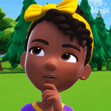 a cartoon girl wearing a yellow headband and a purple shirt is thinking