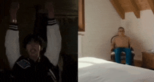 a man is sitting in a chair with his arms in the air and another man is sitting on a bed with his arms up