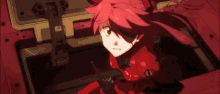 a girl in a red suit is sitting in a room with a gun .