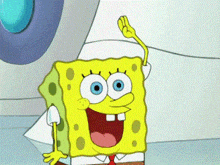 spongebob squarepants is smiling and waving his hand in front of a white wall .