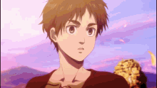 a young boy with brown hair and a purple sky in the background