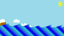 a cartoon drawing of a boat in the ocean with a yellow fish in the water