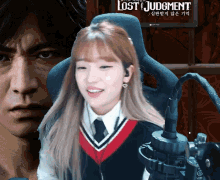 a woman sitting in front of a lost judgment poster