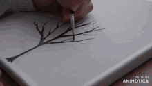 a person is drawing a tree with a brush on a piece of paper that says made in animonica