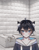 a girl with cat ears and blue eyes stands in front of a white wall