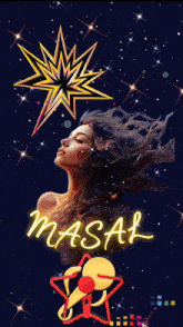 a woman with her eyes closed and the word masal on the bottom