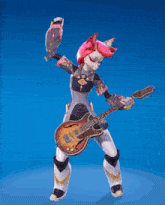 a cartoon character is holding a guitar and a feather in her hand