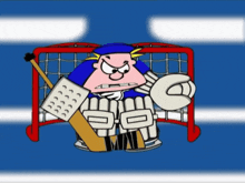 a cartoon of a hockey goalie holding a hockey stick in front of a net