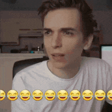 a man in a white shirt is sitting in front of a computer screen with a row of smiley faces on it .