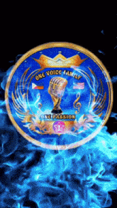 a logo for the one voice family with a microphone