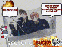 a cartoon of two boys with speech bubbles that say scoteng sucks