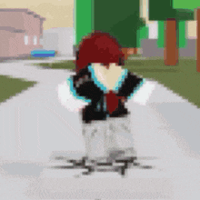 a pixel art of a person in a red hat standing on a sidewalk .