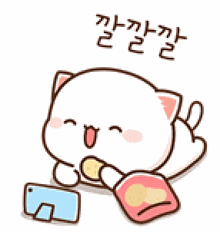 a cartoon cat is laying down eating chips and looking at a phone .