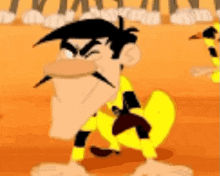 a cartoon character with a mustache is kneeling down in front of a group of people .