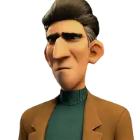 a cartoon man wearing a brown jacket and a green turtleneck