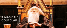 a man with a beard is sitting on a throne with the words " a magical golf clap " behind him