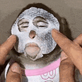a person is holding a monkey with a face mask on its face .