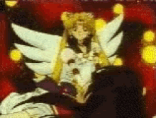 a woman with wings is sitting on a man 's lap in a cartoon .