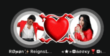 a man in a red jacket and a woman in a red jacket are surrounded by a large red heart