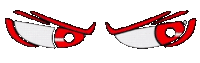 a pair of red and white cartoon eyes with a slight smirk