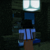 a cartoon character in a blue shirt and suspenders is standing in a dark room