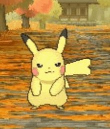 a cartoon pikachu is standing on a wooden floor in a park .