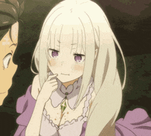 a girl with white hair and purple eyes looks at the camera