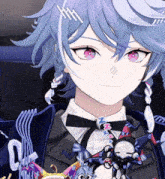 a girl with blue hair and pink eyes is wearing a black jacket with the letter d on the sleeve