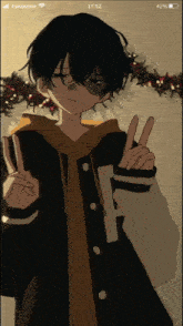 a drawing of a boy giving a peace sign on a phone screen