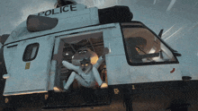 a cartoon character is jumping out of a police car